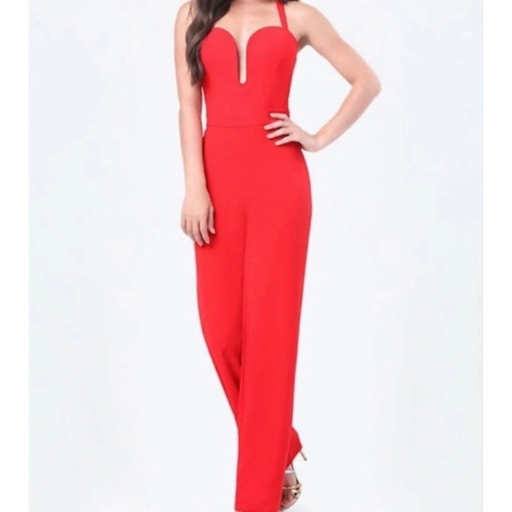 Bebe x Naven‎ Halter Xcross Jumpsuit Red Plunging Neck Wide Leg Size 0 NEW